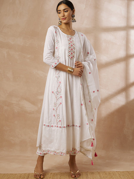 Cotton Schiffli Thread Work Kurta,Pant  and  Dupatta