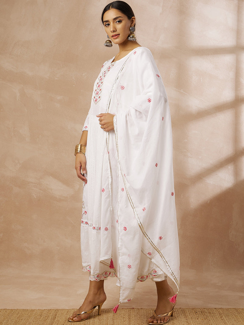Cotton Schiffli Thread Work Kurta,Pant  and  Dupatta