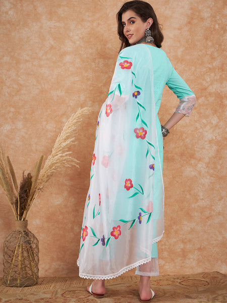 Cotton Schiffli Embroidered Straight Kurta Pant  and  Dupatta