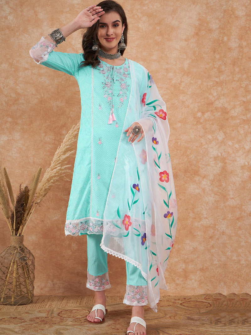 Cotton Schiffli Embroidered Straight Kurta Pant  and  Dupatta