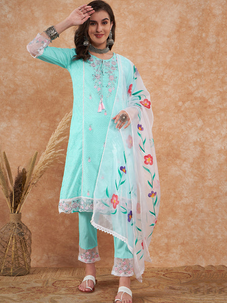 Cotton Schiffli Embroidered Straight Kurta Pant  and  Dupatta