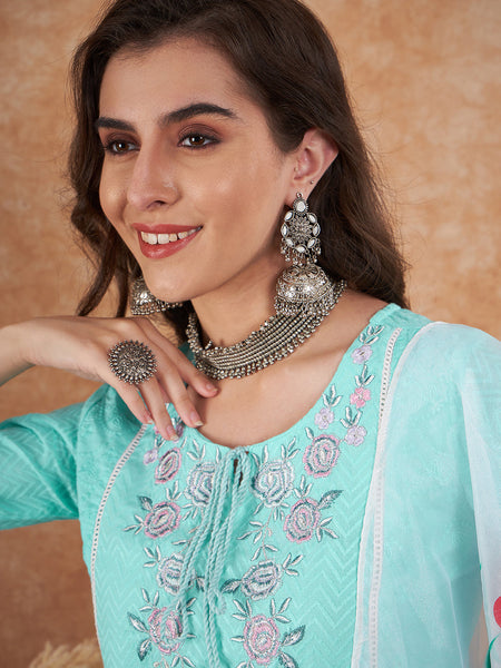 Cotton Schiffli Embroidered Straight Kurta Pant  and  Dupatta