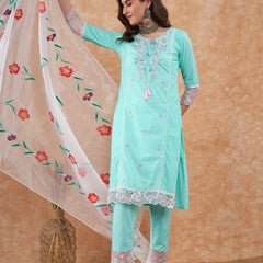 Cotton Schiffli Embroidered Straight Kurta Pant  and  Dupatta