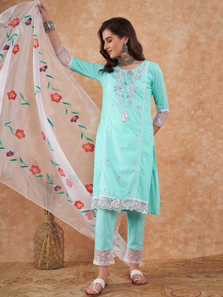 Cotton Schiffli Embroidered Straight Kurta Pant  and  Dupatta
