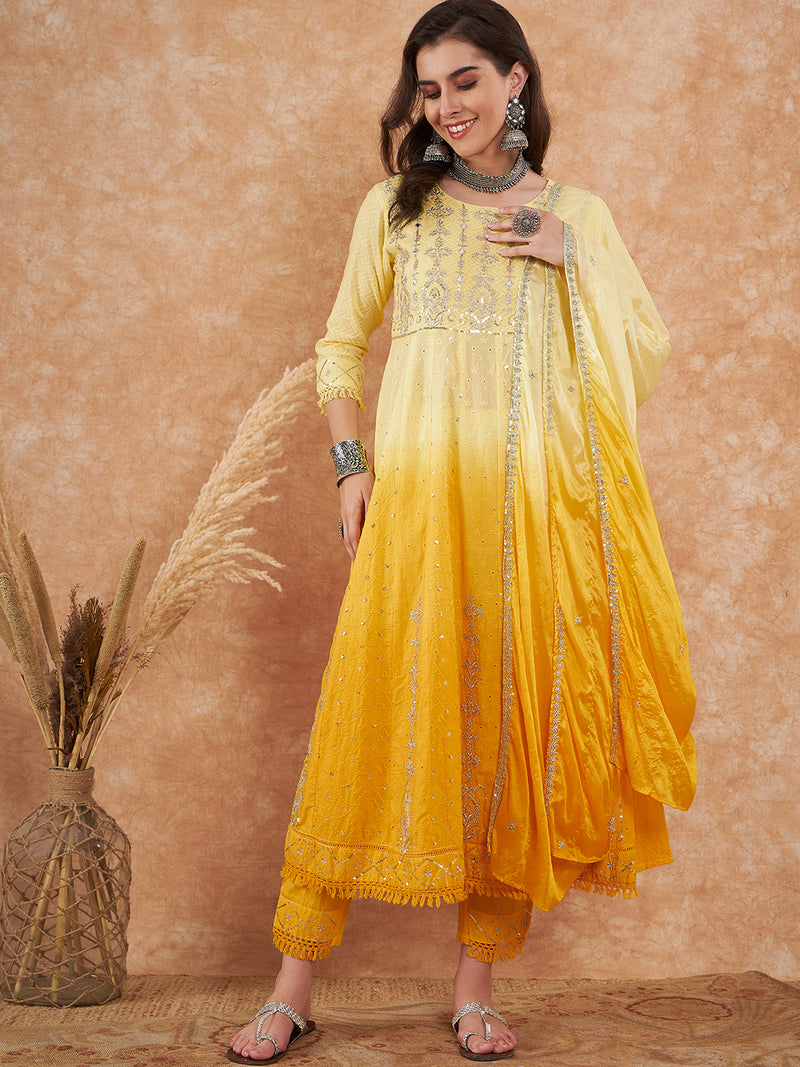 Cotton Schiffli Thread Work Kurta, Pant and Dupatta
