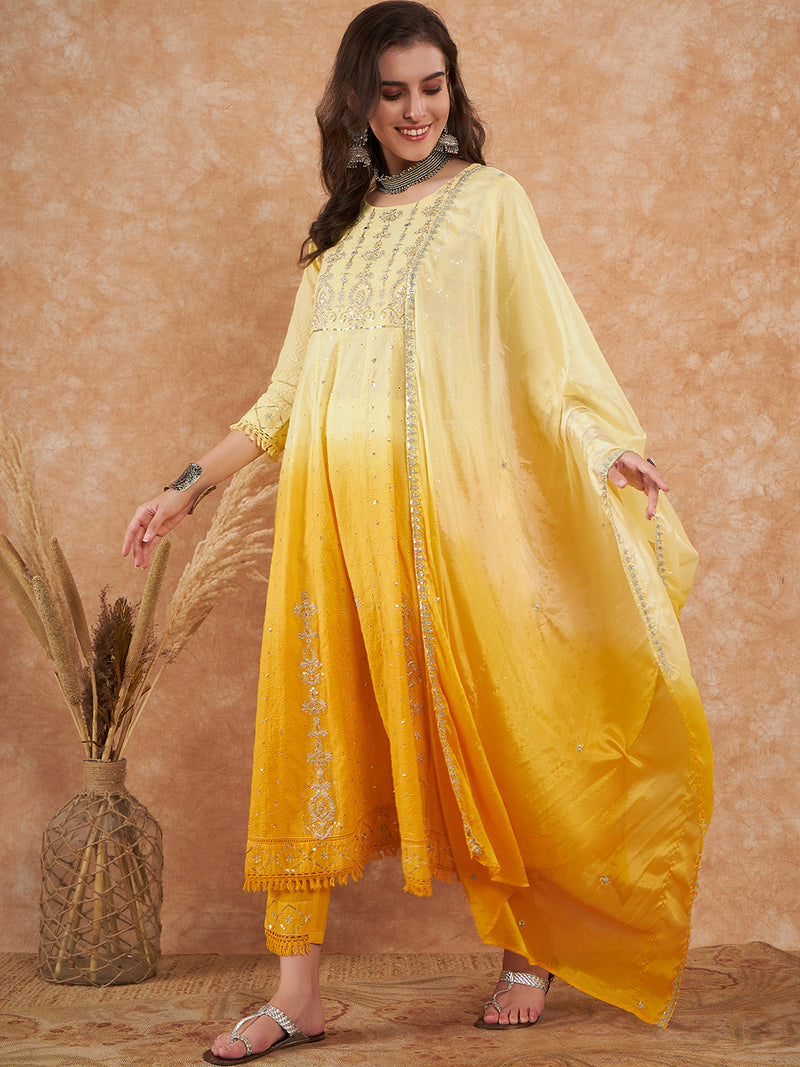 Cotton Schiffli Thread Work Kurta, Pant and Dupatta