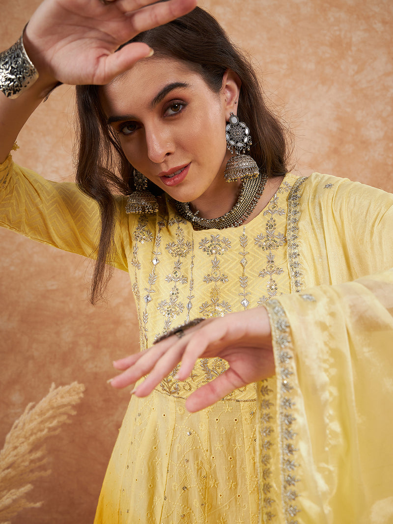 Cotton Schiffli Thread Work Kurta, Pant and Dupatta