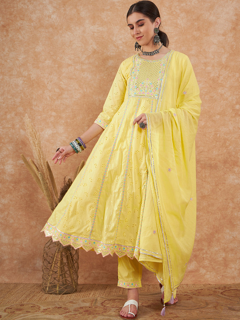Cotton Schiffli Thread Work  and  Sequined Kurta,Pant  and  Dupatta