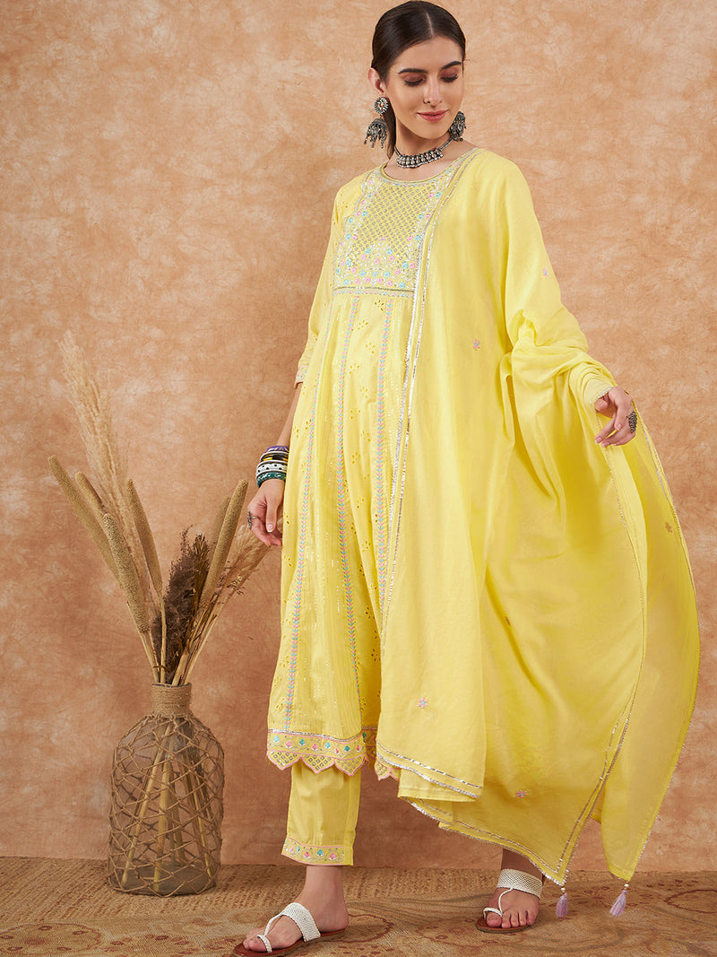 Cotton Schiffli Thread Work  and  Sequined Kurta,Pant  and  Dupatta