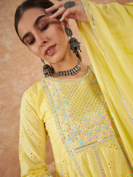Cotton Schiffli Thread Work  and  Sequined Kurta,Pant  and  Dupatta
