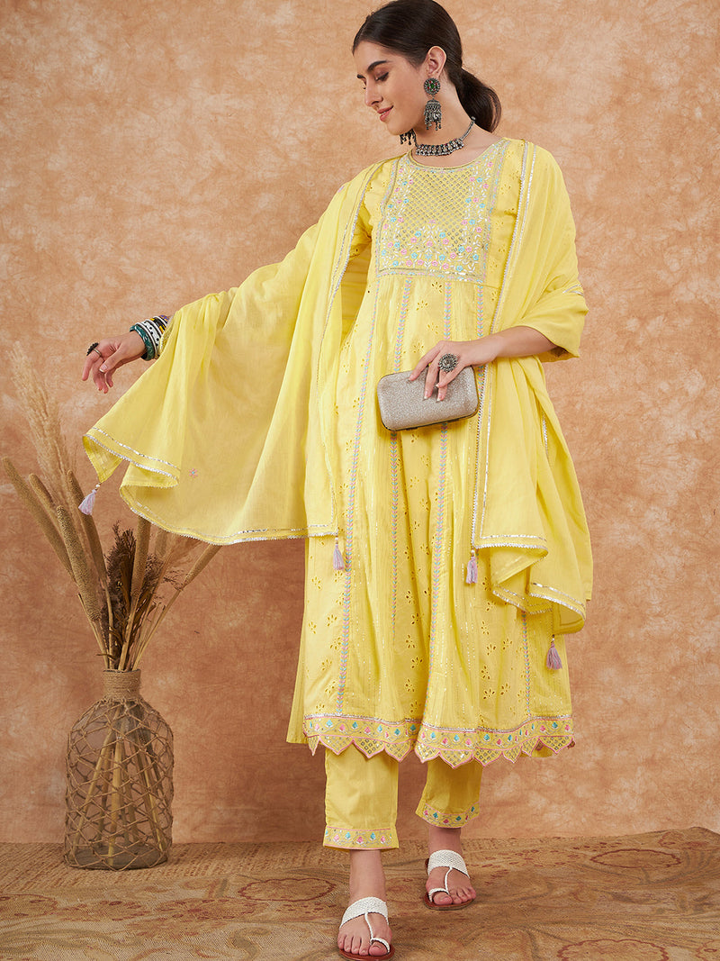 Cotton Schiffli Thread Work  and  Sequined Kurta,Pant  and  Dupatta