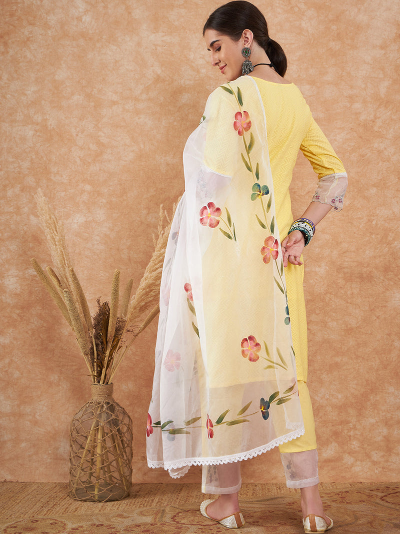 Cotton Schiffli Embroidered Straight Kurta Pant  and  Dupatta