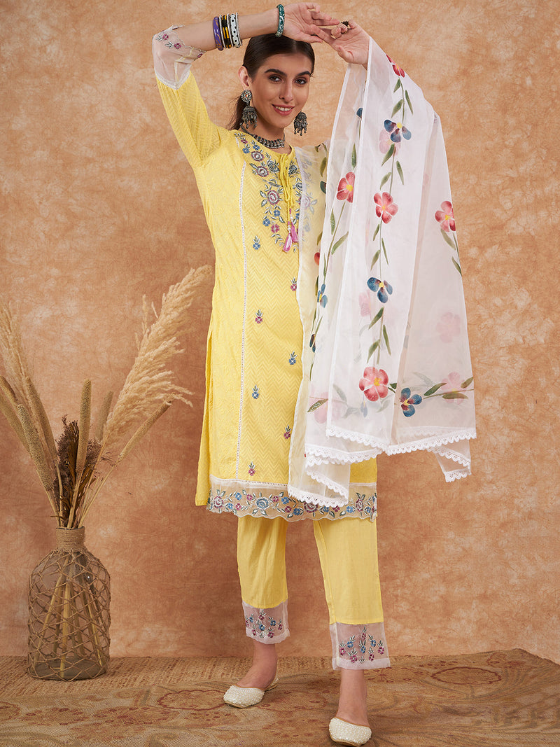 Cotton Schiffli Embroidered Straight Kurta Pant  and  Dupatta