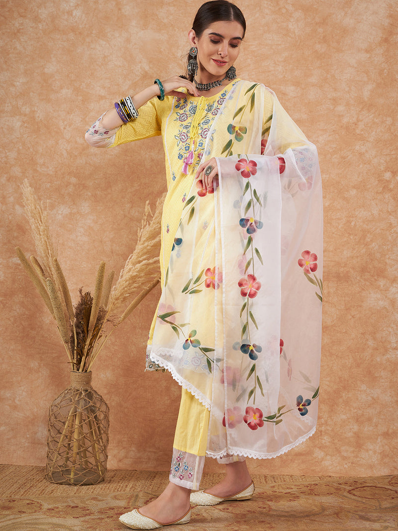 Cotton Schiffli Embroidered Straight Kurta Pant  and  Dupatta