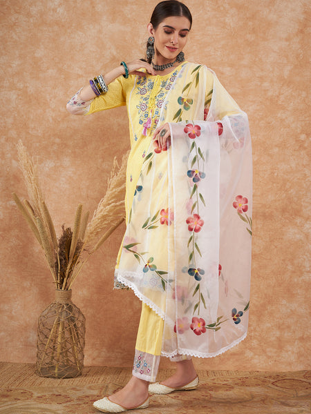 Cotton Schiffli Embroidered Straight Kurta Pant  and  Dupatta