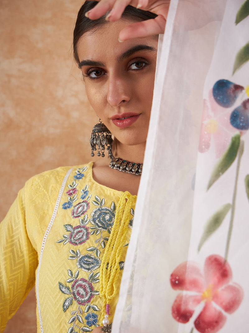 Cotton Schiffli Embroidered Straight Kurta Pant  and  Dupatta