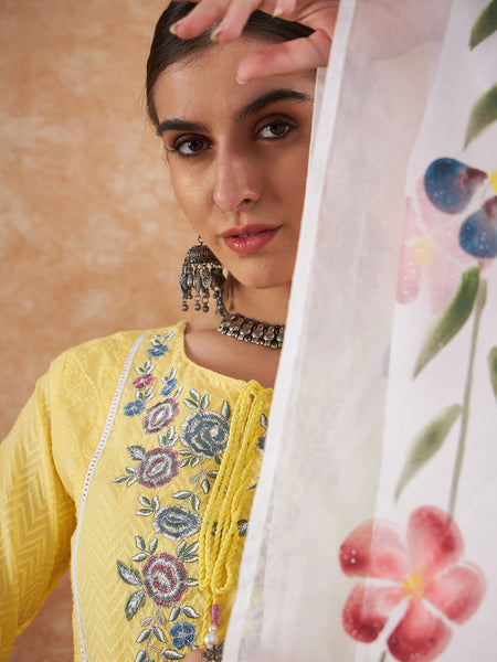Cotton Schiffli Embroidered Straight Kurta Pant  and  Dupatta