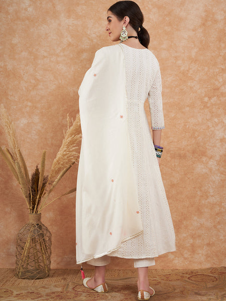 Cotton Schiffli Embroidered Kurta  and  Pant with Dupatta