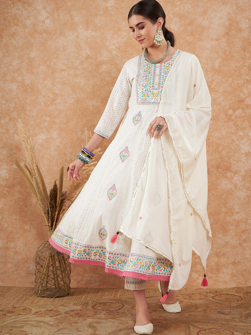 Cotton Schiffli Embroidered Kurta  and  Pant with Dupatta