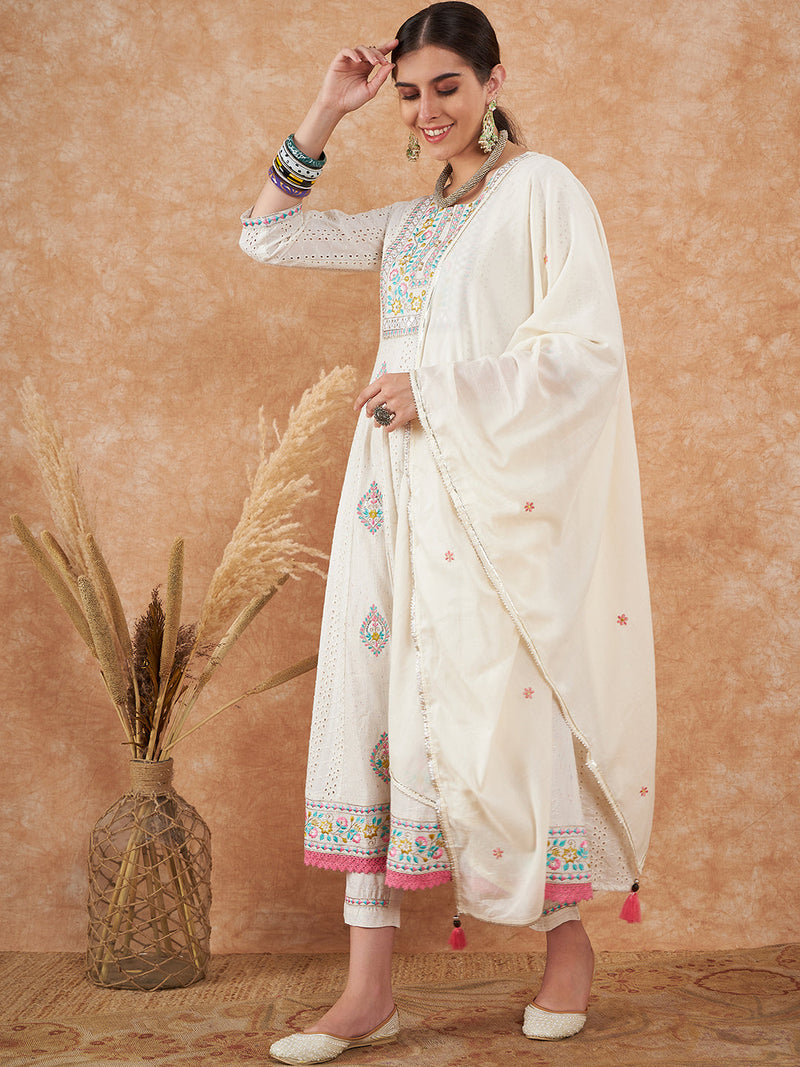 Cotton Schiffli Embroidered Kurta  and  Pant with Dupatta