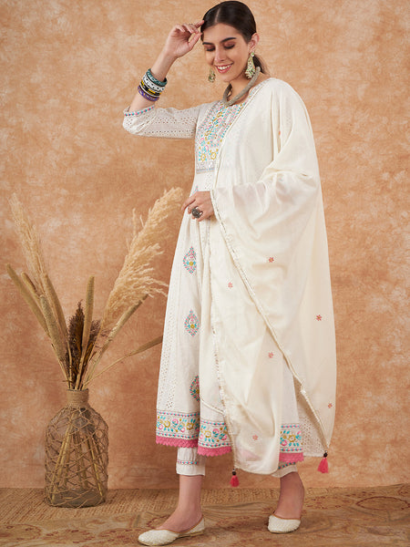 Cotton Schiffli Embroidered Kurta  and  Pant with Dupatta