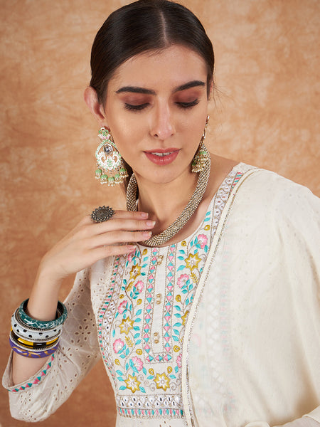 Cotton Schiffli Embroidered Kurta  and  Pant with Dupatta