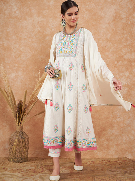 Cotton Schiffli Embroidered Kurta  and  Pant with Dupatta