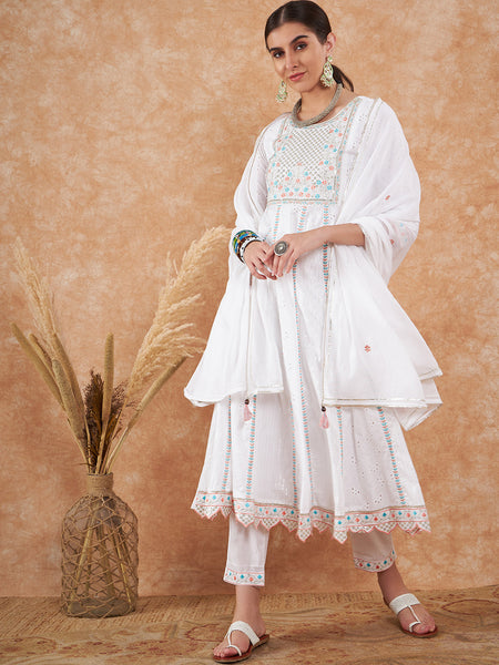 Cotton Schiffli Thread Work  and  Sequined Kurta,Pant  and  Dupatta