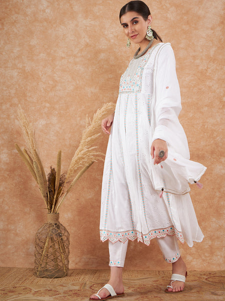 Cotton Schiffli Thread Work  and  Sequined Kurta,Pant  and  Dupatta