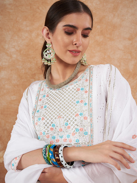 Cotton Schiffli Thread Work  and  Sequined Kurta,Pant  and  Dupatta