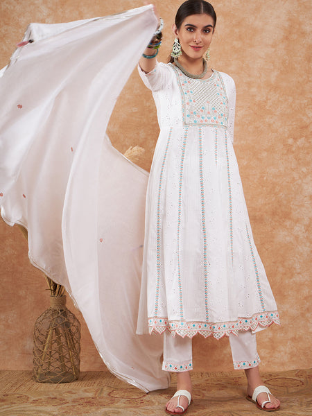 Cotton Schiffli Thread Work  and  Sequined Kurta,Pant  and  Dupatta