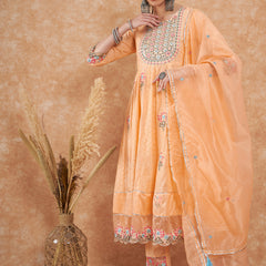 Cotton Schiffli Embroidered Anarkali Kurta Pant and Duptta