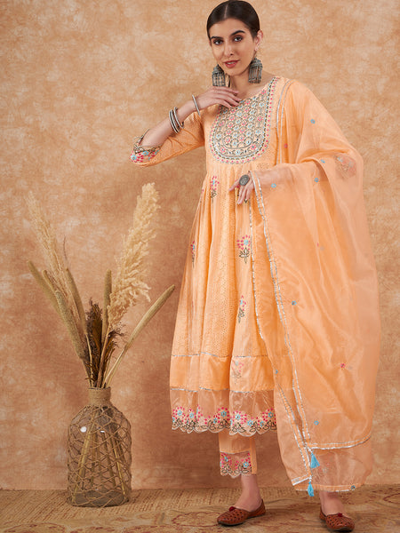 Cotton Schiffli Embroidered Anarkali Kurta Pant and Duptta