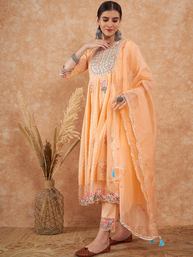 Cotton Schiffli Embroidered Anarkali Kurta Pant and Duptta