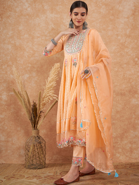 Cotton Schiffli Embroidered Anarkali Kurta Pant and Duptta