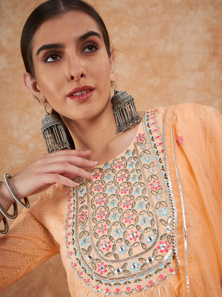 Cotton Schiffli Embroidered Anarkali Kurta Pant and Duptta