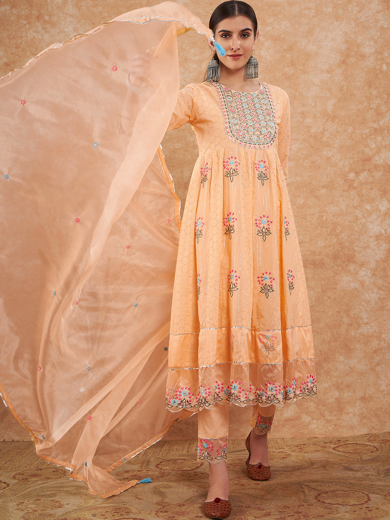 Cotton Schiffli Embroidered Anarkali Kurta Pant and Duptta