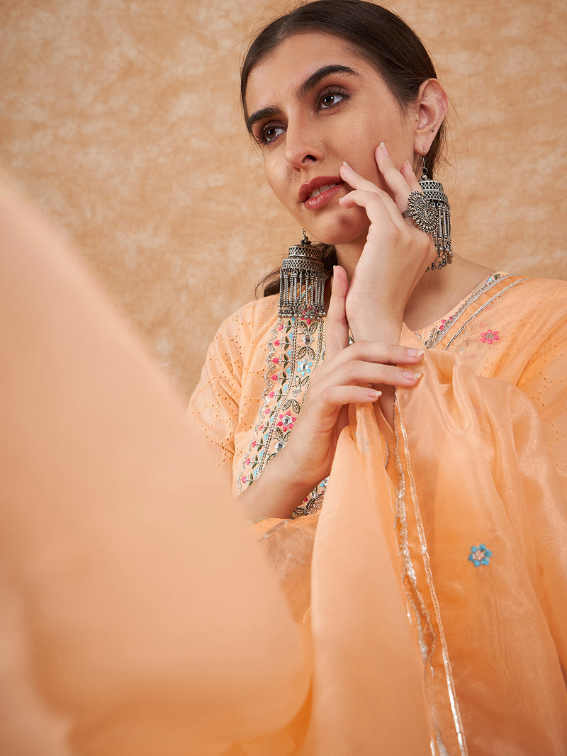 Cotton Schiffli Embroidered Anarkali Kurta Pant and Duptta