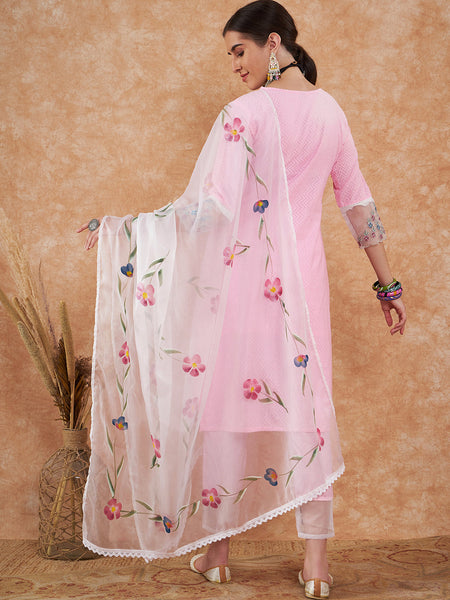 Cotton Schiffli Embroidered Straight Kurta Pant  and  Dupatta