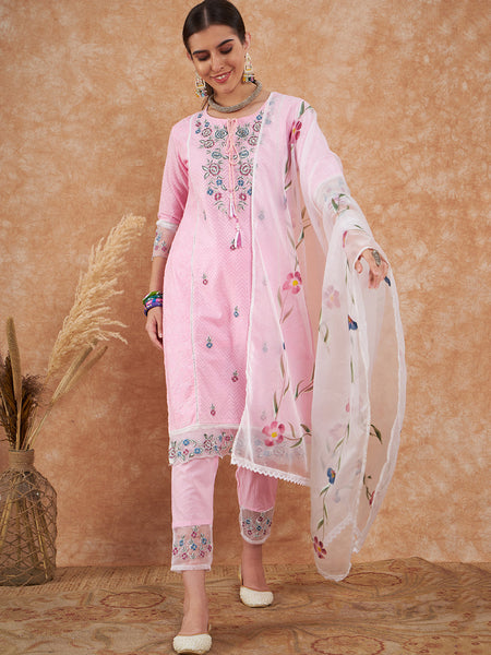 Cotton Schiffli Embroidered Straight Kurta Pant  and  Dupatta