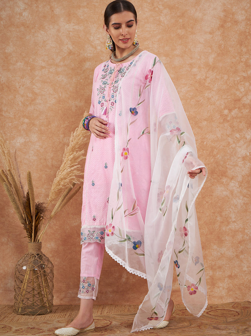 Cotton Schiffli Embroidered Straight Kurta Pant  and  Dupatta