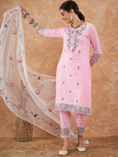 Cotton Schiffli Embroidered Straight Kurta Pant  and  Dupatta