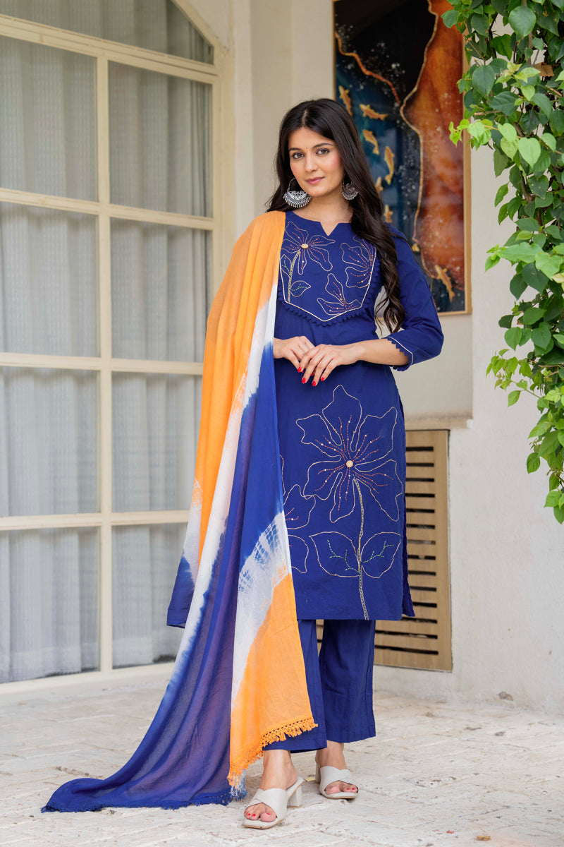 Women Blue Manual Embroiderey Straight Shape Kurta , Pant With Dupatta