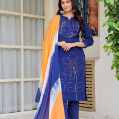 Women Blue Manual Embroiderey Straight Shape Kurta , Pant With Dupatta