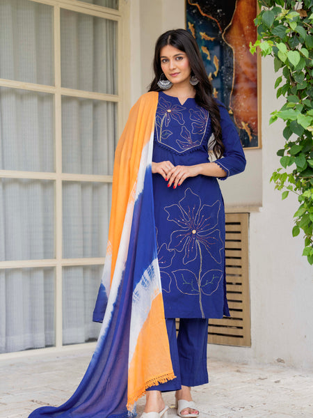 Women Blue Manual Embroiderey Straight Shape Kurta , Pant With Dupatta