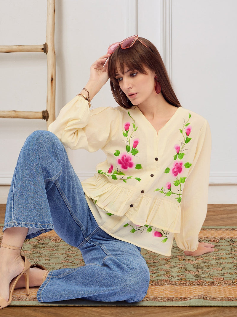 Pure Cotton Hand Brush Painted Peplum Top