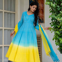 Women Tie& dye Cotton Anarkali Shape Kurta, Pant With Dupatta