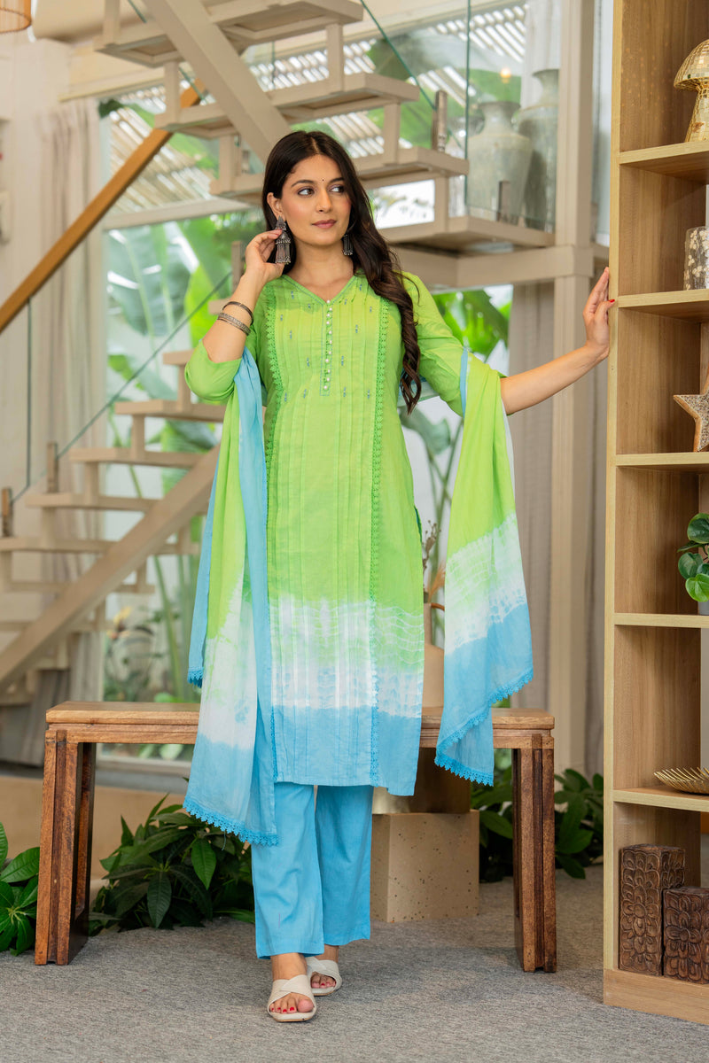 Women Tie& Dye Cotton Straight Shape Kurta , Pant With Dupatta