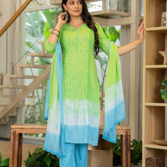 Women Tie& Dye Cotton Straight Shape Kurta , Pant With Dupatta