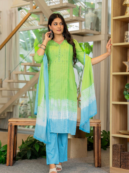 Women Tie& Dye Cotton Straight Shape Kurta , Pant With Dupatta